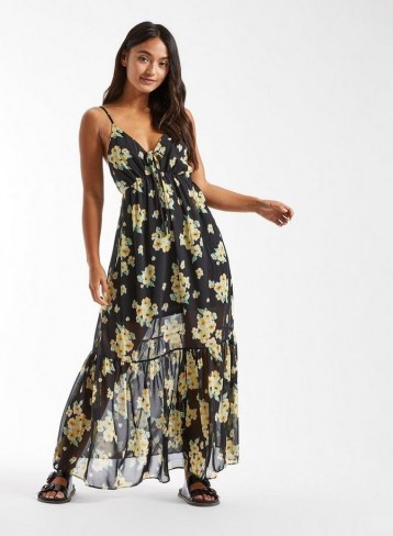 PETITE Yellow Floral Trapeze Maxi Dress / long cami strap dresses - flipped
