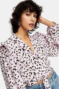 TOPSHOP Pink Animal Print Frill Tie Front Blouse – frills – cropped blouses
