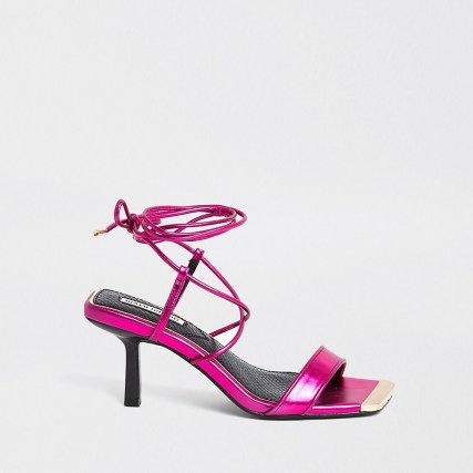 RIVER ISLAND Pink asymmetric toe tie up mid heel ~ strappy heels ~ ankle wrap sandals - flipped