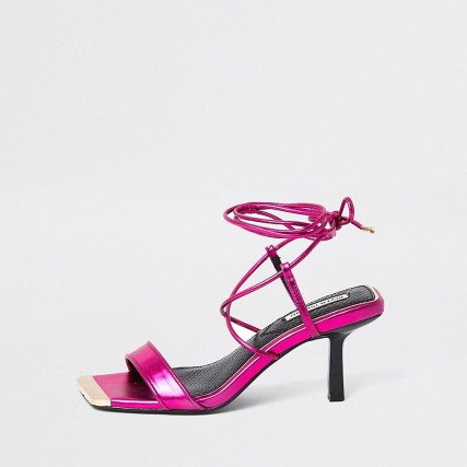 RIVER ISLAND Pink asymmetric toe tie up mid heel ~ strappy heels ~ ankle wrap sandals
