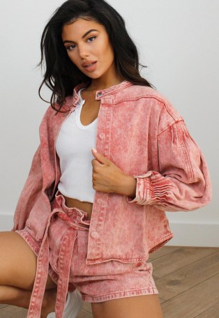 MISSGUIDED pink co ord acid wash loose fit denim shorts ~ paperbag tie waist shorts - flipped