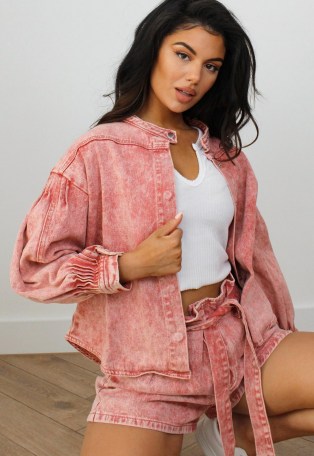 MISSGUIDED pink co ord acid wash loose fit denim shorts ~ paperbag tie waist shorts