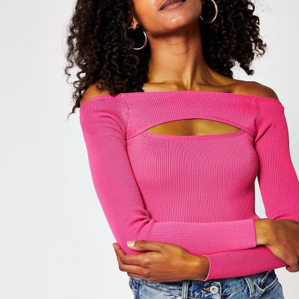 RIVER ISLAND Pink cut out bardot top ~ odd the shoulder tops - flipped