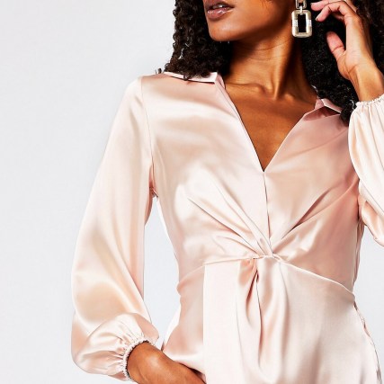 RIVER ISLAND Pink long sleeve twist front blouse ~ satin style blouses - flipped