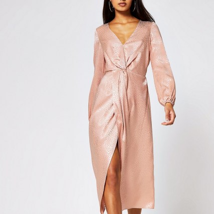RIVER ISLAND Pink long sleeve twist front midi dress ~ luxe look going out dresses - flipped