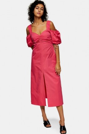 TOPSHOP Pink Taffeta Bardot Midi Dress ~ cold shoulder dresses ~ ruched bust detail - flipped