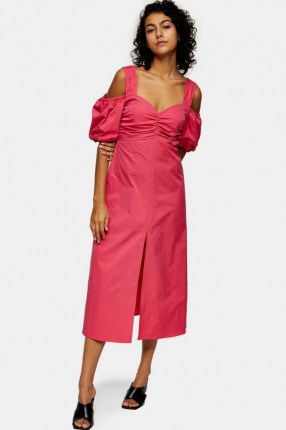 TOPSHOP Pink Taffeta Bardot Midi Dress ~ cold shoulder dresses ~ ruched bust detail