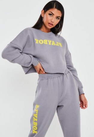 playboy x missguided grey logo cropped sweatshirt – crop hem sweat top - flipped
