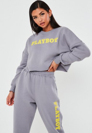 playboy x missguided grey logo cropped sweatshirt – crop hem sweat top