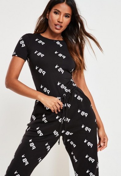 playboy x missguided tall black repeat print bodysuit ~ casual short sleeve bodysuits - flipped