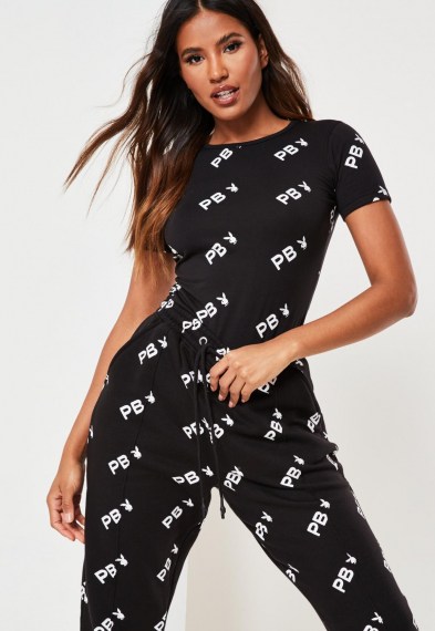playboy x missguided tall black repeat print bodysuit ~ casual short sleeve bodysuits