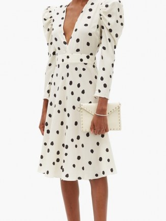 ADRIANA DEGREAS Plunge-neck polka-dot poplin midi-dress in ivory ~ monochrome event dresses ~ dramatic balloon sleeves ~ front plunge evening wear - flipped