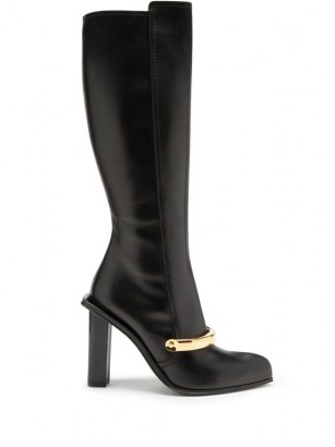 ALEXANDER MCQUEEN Point-toe leather knee-high boots / front metallic detail boot