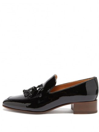 LOEWE Pompom tasselled leather loafers / black patent loafer / shiny front tassel shoes - flipped