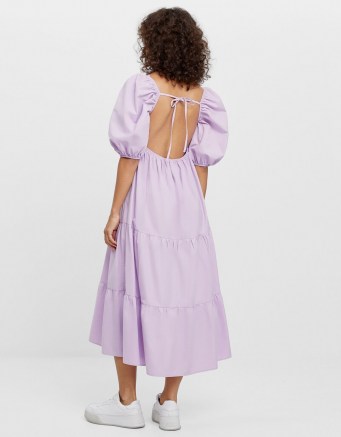 Bershka Poplin dress with ruffles Violet | open back dresses | puff sleeve fashion | clothing with volume | voluminous - flipped