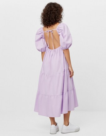 Bershka Poplin dress with ruffles Violet | open back dresses | puff sleeve fashion | clothing with volume | voluminous