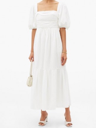 SELF-PORTRAIT Puff-sleeved taffeta dress in white ~ square neck ruched bodice dresses ~ feminine clothing ~ puffed sleeves ~ puff sleeve - flipped