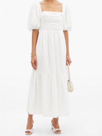 SELF-PORTRAIT Puff-sleeved taffeta dress in white ~ square neck ruched bodice dresses ~ feminine clothing ~ puffed sleeves ~ puff sleeve