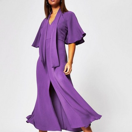 RIVER ISLAND Purple pussybow waisted midi dress ~ floaty wide sleeve dresses - flipped