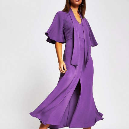 RIVER ISLAND Purple pussybow waisted midi dress ~ floaty wide sleeve dresses
