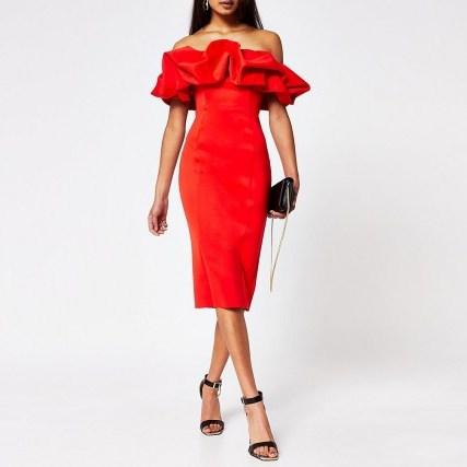 River Island Red bardot ruffle midi bodycon dress | LRD | evening glamour | off the shoulder - flipped