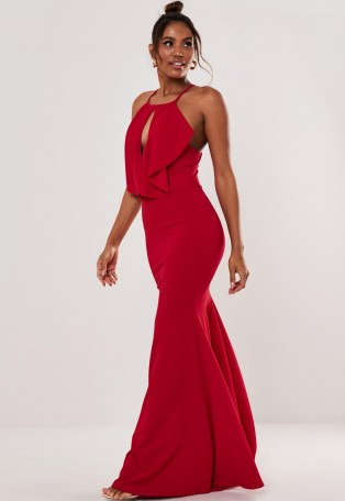 MISSGUIDED red halter keyhole fishtail maxi dress ~ cut-out occasionwear ~ long halterneck dresses