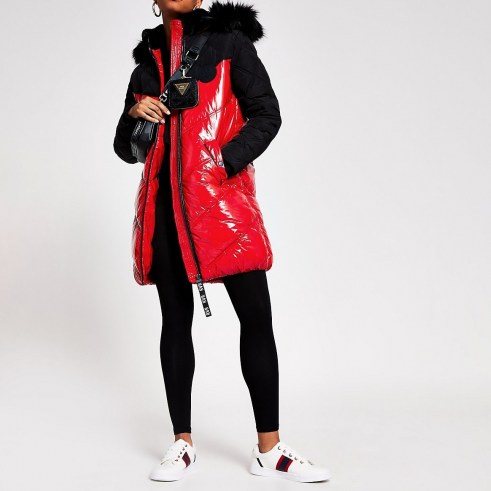 RIVER ISLAND Red long sleeve quilted puffer jacket / shiny padded jackets / hooded winter coats / faux fur trimmed hood / autumn outerwear