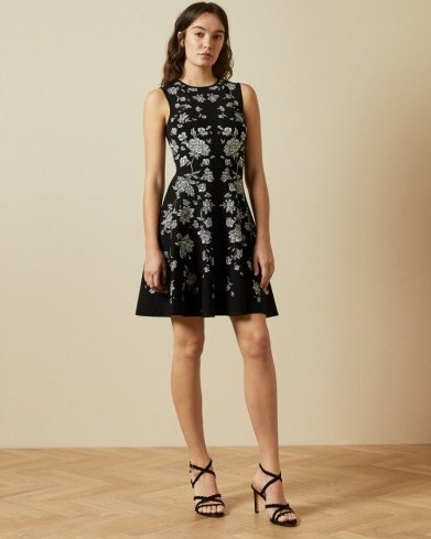 TED BAKER NAOMYY Rhubarb jacquard knitted skater dress in black / sleeveless fit and flare dresses – floral lbd - flipped
