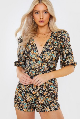 SAFFRON BARKER BLACK & GOLD PAISLEY PRINT PUFF SLEEVE BELTED PLAYSUIT - flipped