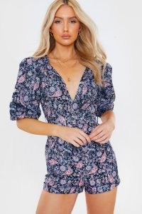 SAFFRON BARKER BLACK PAISLEY PRINT PUFF SLEEVE BELTED PLAYSUIT ~ printed playsuits