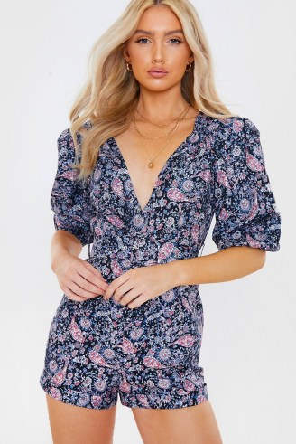 SAFFRON BARKER BLACK PAISLEY PRINT PUFF SLEEVE BELTED PLAYSUIT ~ printed playsuits - flipped