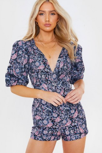 SAFFRON BARKER BLACK PAISLEY PRINT PUFF SLEEVE BELTED PLAYSUIT ~ printed playsuits