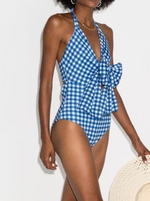 Silvia Tcherassi bow front halterneck gingham swimsuit in blue / checked swimsuits - flipped