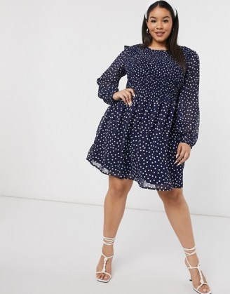 Simply Be shirred skater dress in polka dot navy / blue spot print plus size dresses - flipped