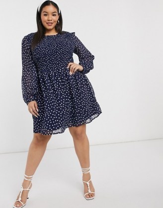 Simply Be shirred skater dress in polka dot navy / blue spot print plus size dresses