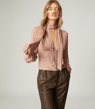 REISS SKYE PUSSY BOW FITTED BLOUSE PINK / fitted waist blouses / tie neck detail / feminine clothing - flipped