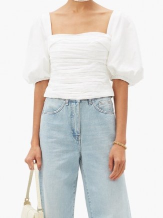 SELF-PORTRAIT Square-neck ruched taffeta top in white ~ ruching ~ puff sleeve gathered bodice tops - flipped