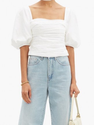 SELF-PORTRAIT Square-neck ruched taffeta top in white ~ ruching ~ puff sleeve gathered bodice tops