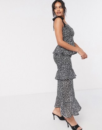Style Cheat tie shoulder layered maxi dress in black polka print / long spot print dresses / ruffled tiers / tie shoulder strap detail - flipped