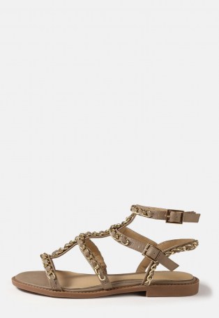 MISSGUIDED taupe chain gladiator sandals ~ ankle strap flats ~ strappy flat sandal ~ summer shoes - flipped