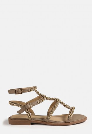MISSGUIDED taupe chain gladiator sandals ~ ankle strap flats ~ strappy flat sandal ~ summer shoes