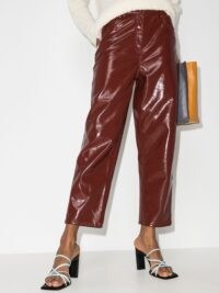 Tibi patent-effect cropped trousers rusty brown ~ faux leather straight leg pants ~ crop hem trouser