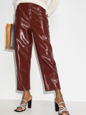 Tibi patent-effect cropped trousers rusty brown ~ faux leather straight leg pants ~ crop hem trouser - flipped