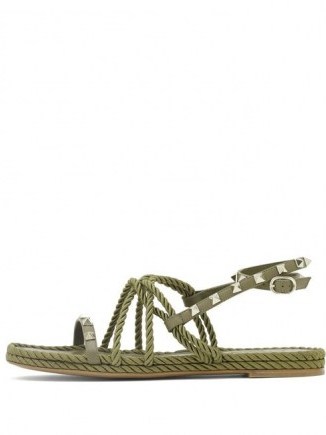 VALENTINO GARAVANI Torchon Rockstud leather sandals in khaki green | strappy braid style sandal - flipped