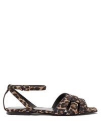 SAINT LAURENT Tribute leopard-print suede sandals in brown ~ ankle strap flats ~ animal print flat sandal