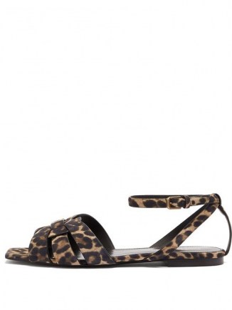 SAINT LAURENT Tribute leopard-print suede sandals in brown ~ ankle strap flats ~ animal print flat sandal - flipped