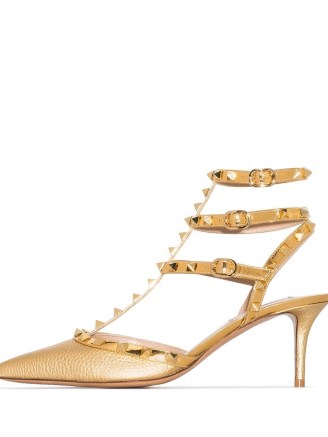 Valentino Garavani Rockstud 65mm metallic leather pumps ~ strappy textured heels ~ gold event shoes - flipped
