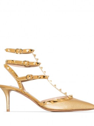 Valentino Garavani Rockstud 65mm metallic leather pumps ~ strappy textured heels ~ gold event shoes