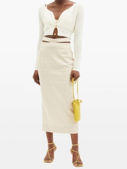 JACQUEMUS Valerie canvas pencil skirt in beige ~ neutral slit waist detail skirts - flipped
