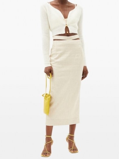 JACQUEMUS Valerie canvas pencil skirt in beige ~ neutral slit waist detail skirts